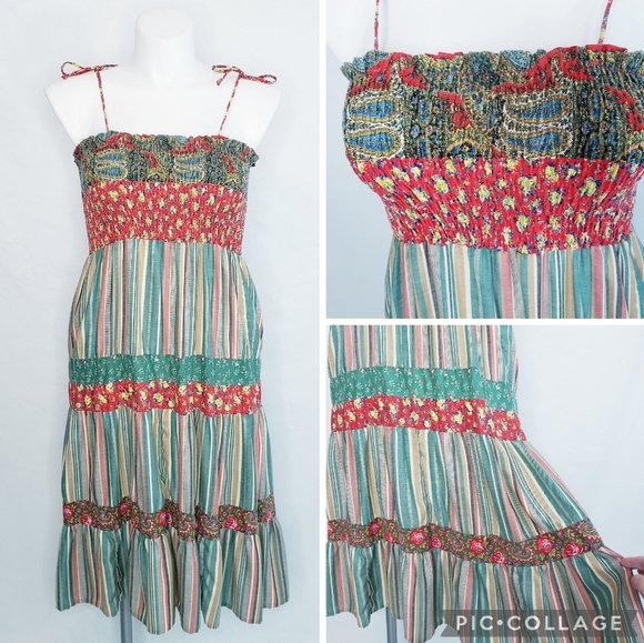 Vintage Smocked Tiered Floral Midi Dress Boho Cottagecore - Picture 1 of 16